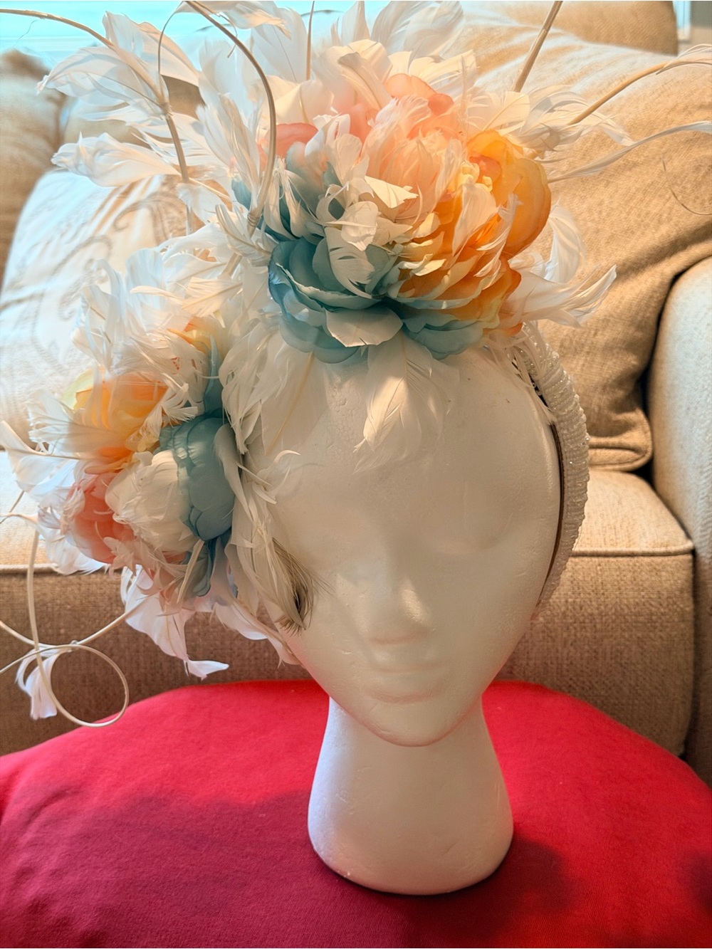 Floral Feather Fascinator Headband in White with Pastel Blue & Peach Blooms